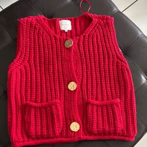 Red Knitted Vest with Gold Buttons